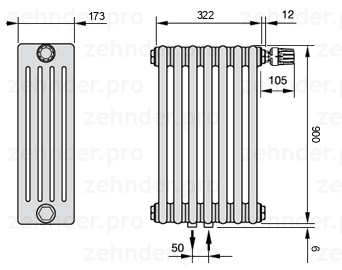 Схема (чертеж) Радиатор Zehnder Charleston 5090/7 №V008 Белый глянцевый RAL 9016